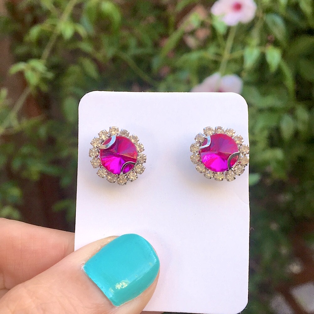 Fuchsia Hot Pink Rivoli + Silver Crystal Halo Stud Earrings - Picture 6 of 9